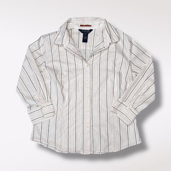 Vintage Dockers Button Up Shirt White Gray Striped 3/4 Sleeve Slim Fit XL - Picture 9 of 9